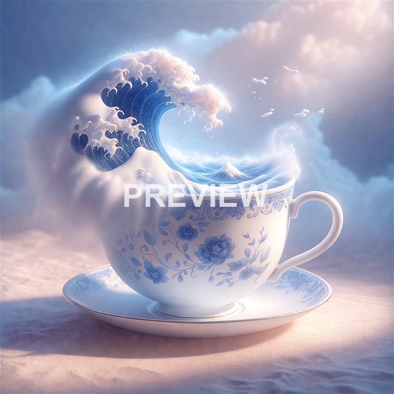 A teacup with a blue floral pattern appears to be overflowing with ocean waves, clouds, and whales, creating a surreal scene in the sky.